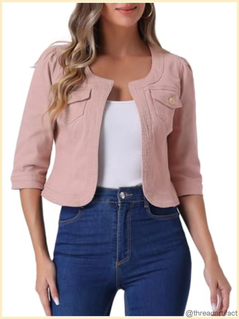 Women's 3/4 Sleeve Collarless Denim Cardigan Jean Jacket